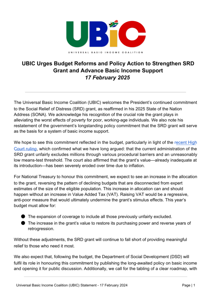 UBIC Statement | UBIC Urges Budget Reforms and Policy Action to Strengthen SRD Grant and Advance Basic Income Support