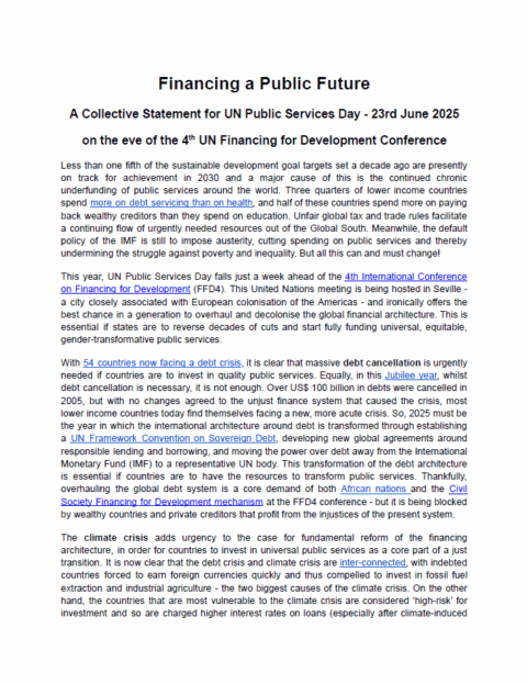Financing a Public Future - Public Services Day Statement
