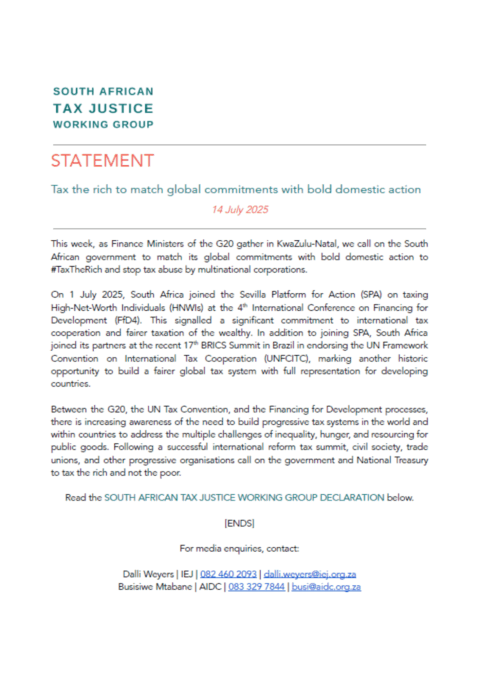 South African Tax Justice Working Group Statement