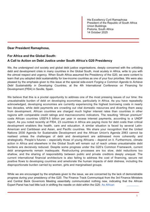 Dear President Ramaphosa | For Africa and the Global South: A Call to Action on Debt Justice under South Africa’s G20 Presidency