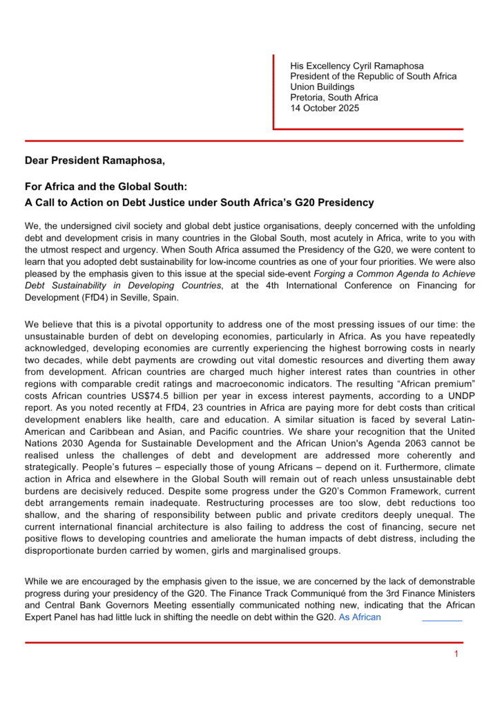 Dear President Ramaphosa | For Africa and the Global South: A Call to Action on Debt Justice under South Africa’s G20 Presidency