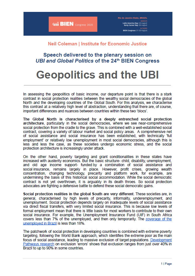 Geopolitics and the UBI - BIEN Congress 2025