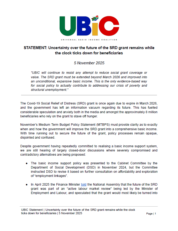 UBIC Statement | Uncertainty over SRD Grant’s Future as Clock Ticks for Beneficiaries