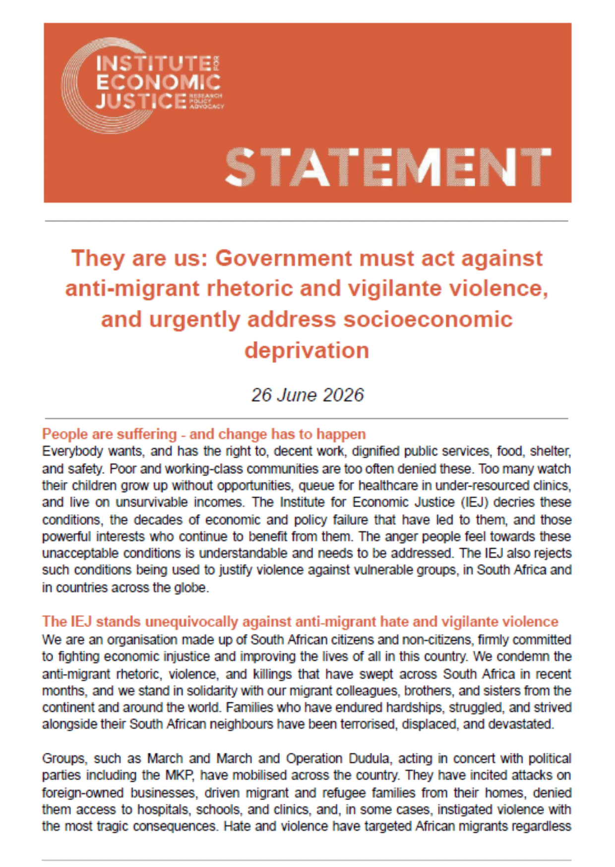 They are us: Government must act against anti-migrant rhetoric and vigilante violence, and urgently address socioeconomic deprivation